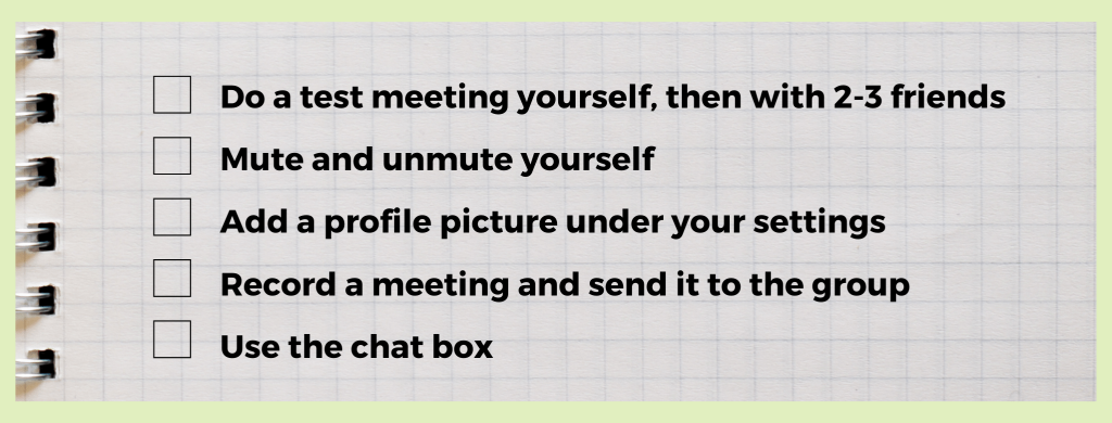 checklist including inviting friends, muting, profile pictures, recording, and using the chat box